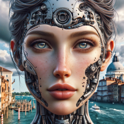 Cybernetic Humanity Amidst the Timeless Canals of Venice: A Fusion of Technology and Tradition