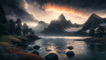 Serene Digital Landscape: Snow-Capped Mountains and Tranquil Lake at Sunrise