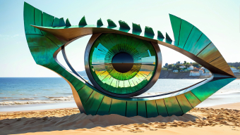 Iridescent Eye Sculpture: A Watchful Landmark by the Seaside