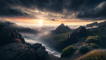 Stormy Coastal Cliffs at Sunset: A Dramatic Digital Seascape