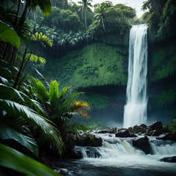 Majestic Waterfall Amidst Lush Tropical Rainforest Scenery