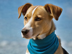 Calm Dog Wearing Blue Scarf by the Beachside
