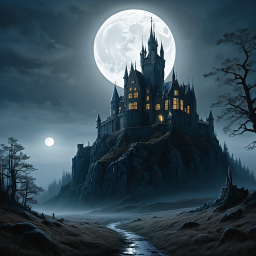 Moonlit Fantasy Castle on a Misty Rocky Outcrop