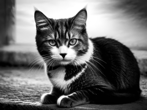 Calm Tabby Cat Sitting Outdoors on a Concrete Surface in Soft Natural Light