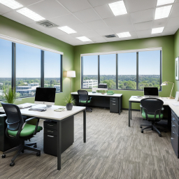 Modern and Ergonomic Office Space with Natural Lighting and Urban Views