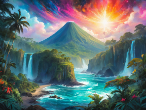 Enchanted Island Paradise: A Vibrant Tropical Sunrise Over Lush Mountains and Crystal Waters