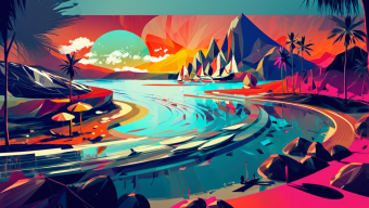 Serene Fantasy Lagoon: A Tropical Paradise Beneath an Enigmatic Celestial Giant