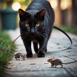 Curious Black Cat Amidst a Gathering of Mice on a Paved Pathway