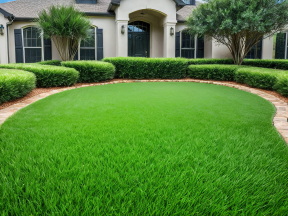 Mediterranean-Style Home with Manicured Lawn and Circular Shrubbery Border