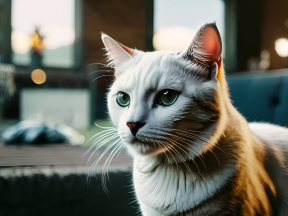 Curious Cat with Light Coat in a Dimly Lit Room