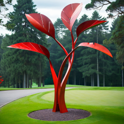 Red Leaf Tree Sculpture: Artistic Focal Point on a Golf Course