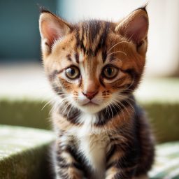 Adorable Kitten with Ticked Marbled Coat and Expressive Dark Eyes Sitting Comfortably