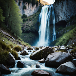 Majestic Waterfall Cascading Through Serene Wilderness at Dawn