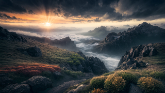 Golden Light Over Rugged Cliffs: A Tranquil Coastal Sunrise