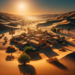 Tranquil Desert Oasis at Sunrise: A Traditional Mud Brick Settlement Amidst Golden Sands