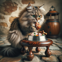 Cat Dining in Style: A Feline Feast with a Drumstick on a Rustic Table