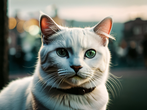 Striking Green-Eyed Cat with White and Dark Marked Fur: A Contemplative Gaze