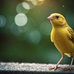 Yellow Canary Perched Outdoors Amid Soft Bokeh Raindrops