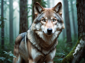 Majestic Wolf in a Forested Setting with Intense Gaze and Distinctive Fur Markings