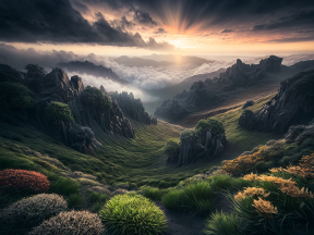 Serene Mountainous Landscape at Sunrise with Rugged Cliffs and Lush Greenery