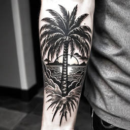 Detailed Tropical Beach Scene Tattoo Featuring Palm Tree and Ocean Waves