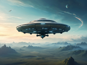 Futuristic Spacecraft Hovering Over an Alien Rocky Landscape Under a Hazy Sky