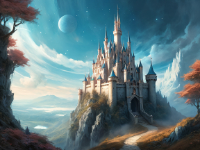Majestic Fantasy Castle on a Rocky Cliff Amidst Autumn Splendor at Dawn