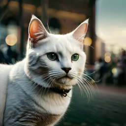 White Colorpoint Cat with Dark Eyes in Urban Daylight Setting