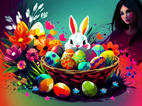 Vibrant Easter Celebration: Colorful Bunny, Painted Eggs, and Spring Blossoms Illustration