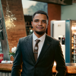 Person in Dark Suit Standing Inside a Cozy Restaurant or Bar with Warm Ambient Lighting