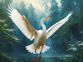 Graceful Heron in Flight Over Lush River Vegetation
