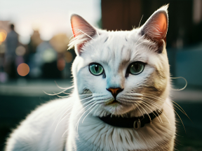 Striking Green-Eyed Cat with Patterned Coat and Black Collar in Natural Outdoor Light