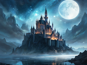Enchanted Moonlit Castle: A Mystical Island Fortress in a Fantasy Realm