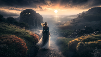 Enchanted Journey: A Fantasy Silhouette at Sunrise