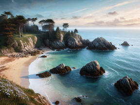 Tranquil Coastal Dawn: Serene Beach with Rocky Isles and Forested Shoreline