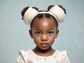 Young Girl with Double Buns Hairstyle in Light Dress Against Plain Background