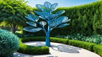 Blue Metal Tree Sculpture: An Artistic Blend of Nature and Motion in a Garden Setting