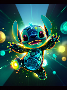 Cosmic Joy: Animated Stitch Surrounded by Vibrant Energy in a Starry Night