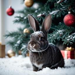 Cozy Holiday Scene: Rabbit by a Festively Decorated Christmas Tree with Snow on Its Fur