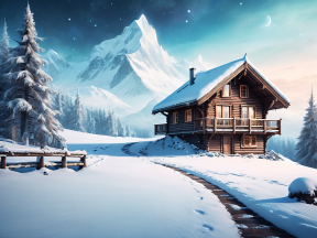 Tranquil Winter Wonderland: A Snow-Covered Cabin Amid Majestic Mountain Peaks at Sunrise