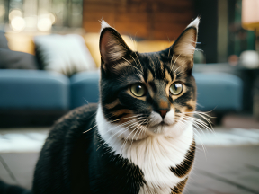 Curious Tabby Cat Captured Indoors with a Surprised Expression