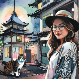 Tranquil Evening in an East Asian Village: A Woman and Her Cat Amidst Traditional Architecture