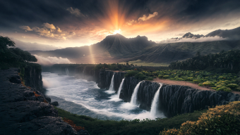 Majestic Mountain Gorge with Cascading Waterfalls and Dramatic Sunlit Sky