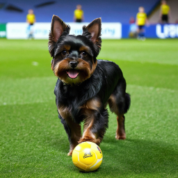 Excited Small Dog Poses Next to Sports Ball Amidst Lively Sporting Event