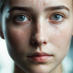 Close-Up Portrait of a Freckled Individual with Blue Eyes and Subtle Expression