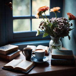 Cozy Reading Nook with Warm Beverage and Books on a Wooden Windowsill