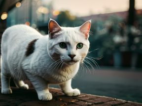 Calico Cat Sitting on Brick Surface in Warm Urban Sunrise or Sunset Setting