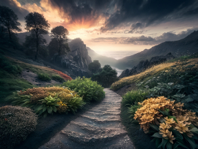 Tranquil Mountain Pathway at Sunset Beneath Gathering Storm Clouds
