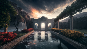 Ancient Temple by Rugged Cliffs at Dawn: A Dramatic and Serene Landscape