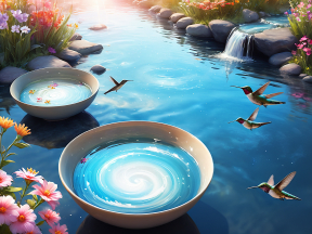 Serene Waterscape: Floating Bowls, Hovering Hummingbirds, and Tranquil Nature